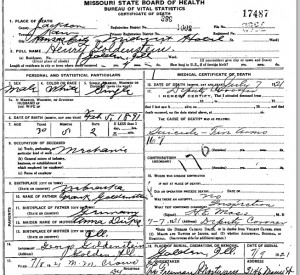 Death Certificate for Henry Goldenstein, July of 1921, Kansas City, Missouri. From the Missouri State Archives Website.