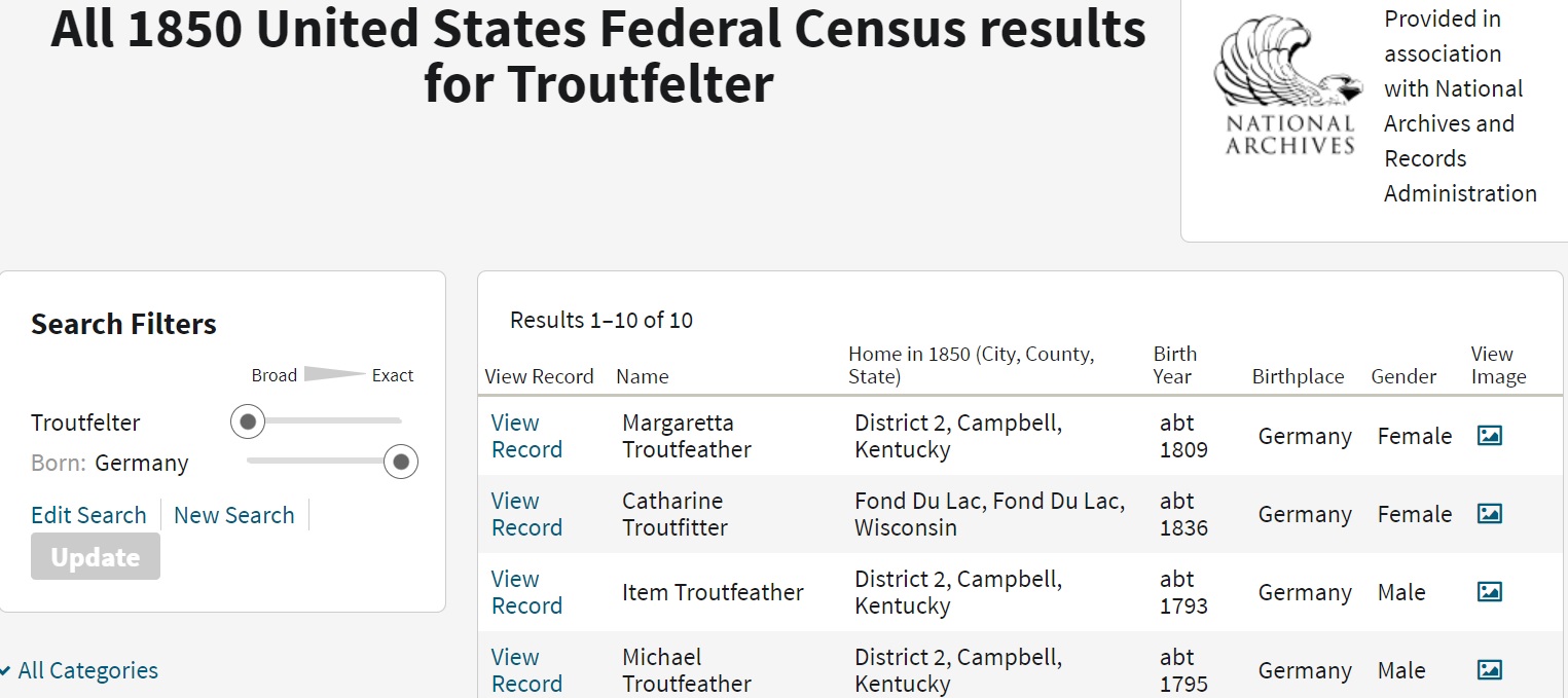 Troutfelters, Troutfeathers, and Broad Searches of the Census at Ancestry.com
