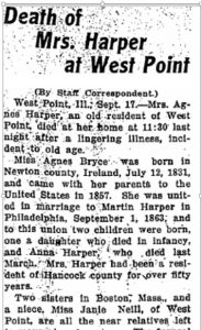 “Death of Mrs. Harper at West Point,” The Quincy [Illinois] Daily Journal, 17 September 1913; digital copy, Quincy Historical Newspaper Archive, (http://www.quincylibrary.org: accessed 11 January 2017).